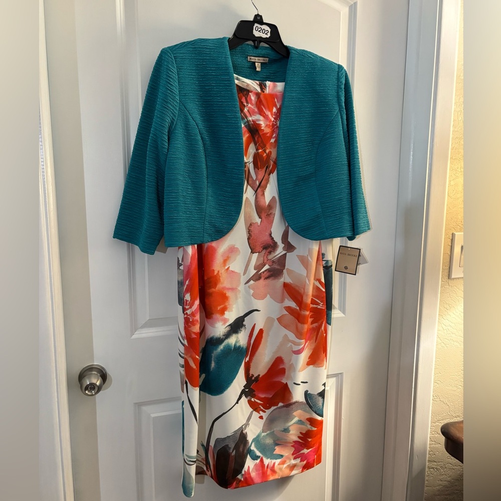 Woman’s Maya Brooke Floral Sheath Dress with Teal Open Cardigan Jacket sz 18 NWT